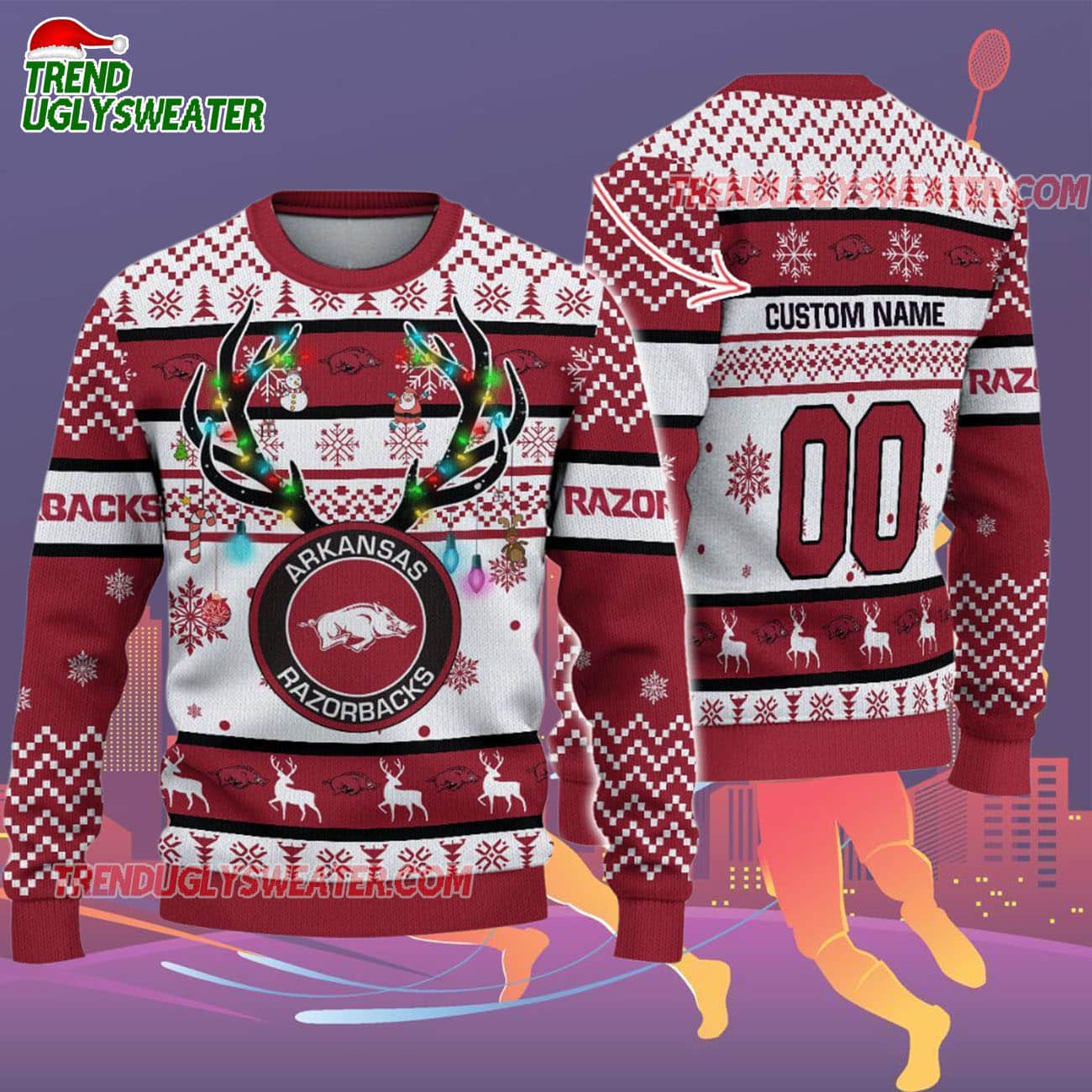 Custom Arkansas Razorbacks Special Reindeer Light Ugly Christmas Sweater Custom Arkansas Razorbacks Special Reindeer Light Ugly Christmas Sweater
