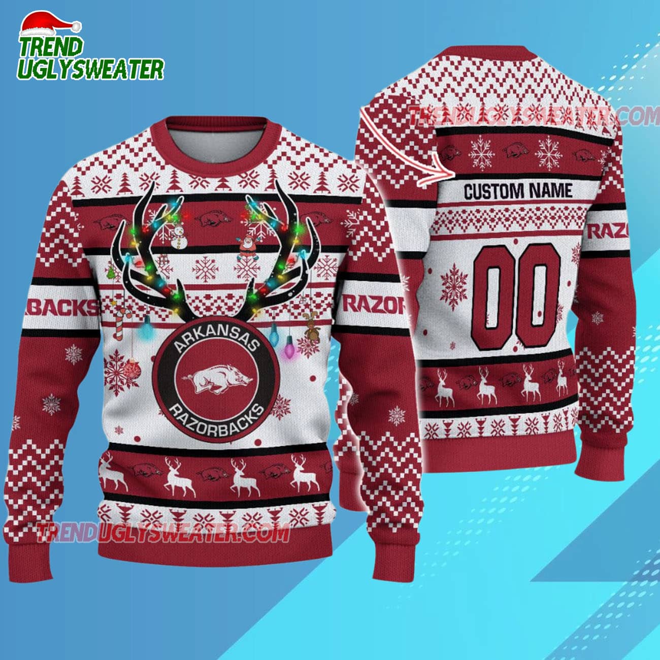 Custom Arkansas Razorbacks Special Reindeer Light Ugly Christmas Sweater Custom Arkansas Razorbacks Special Reindeer Light Ugly Christmas Sweater