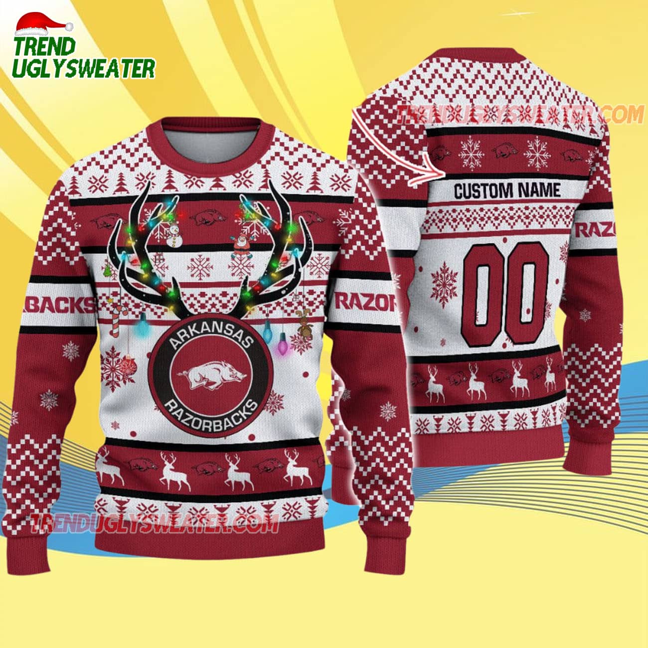 Custom Arkansas Razorbacks Special Reindeer Light Ugly Christmas Sweater Custom Arkansas Razorbacks Special Reindeer Light Ugly Christmas Sweater