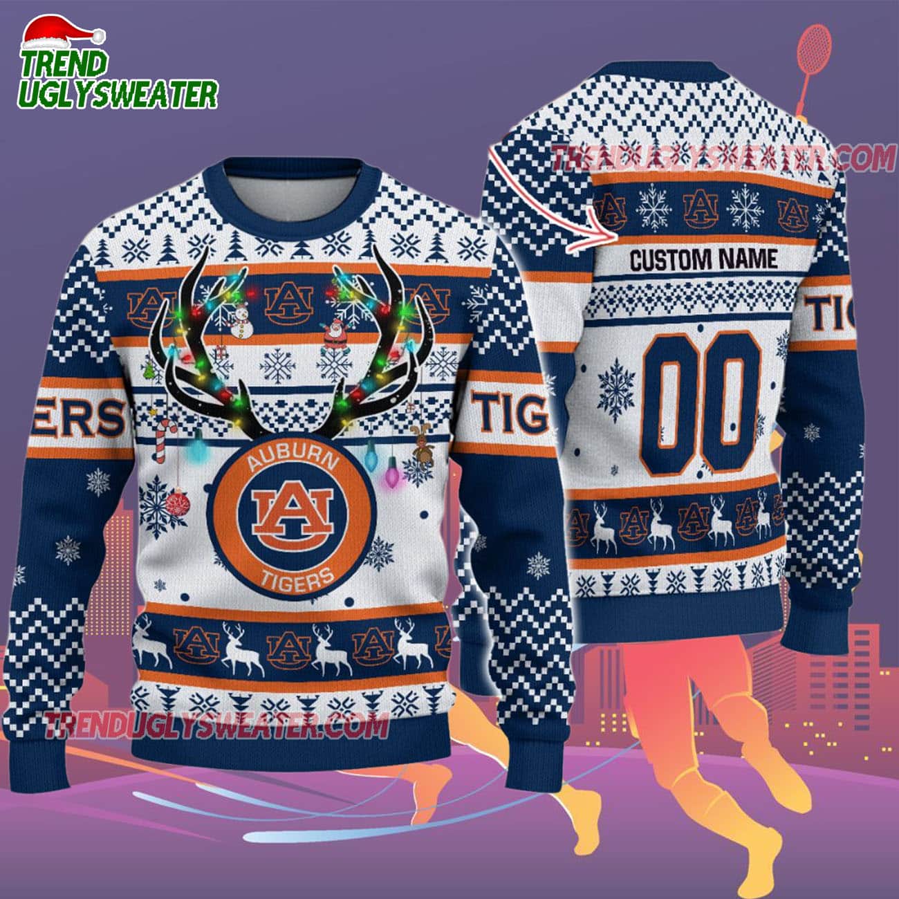 Custom Auburn Tigers Special Reindeer Light Ugly Christmas Sweater Custom Auburn Tigers Special Reindeer Light Ugly Christmas Sweater