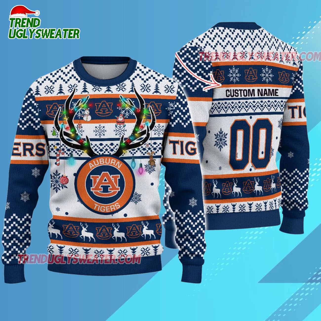 Custom Auburn Tigers Special Reindeer Light Ugly Christmas Sweater Custom Auburn Tigers Special Reindeer Light Ugly Christmas Sweater