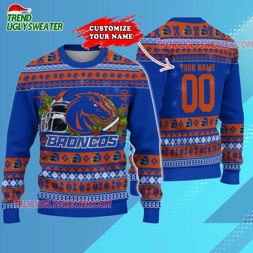 Custom Boise State Broncos Logo Team Football Christmas Ugly Sweater 3