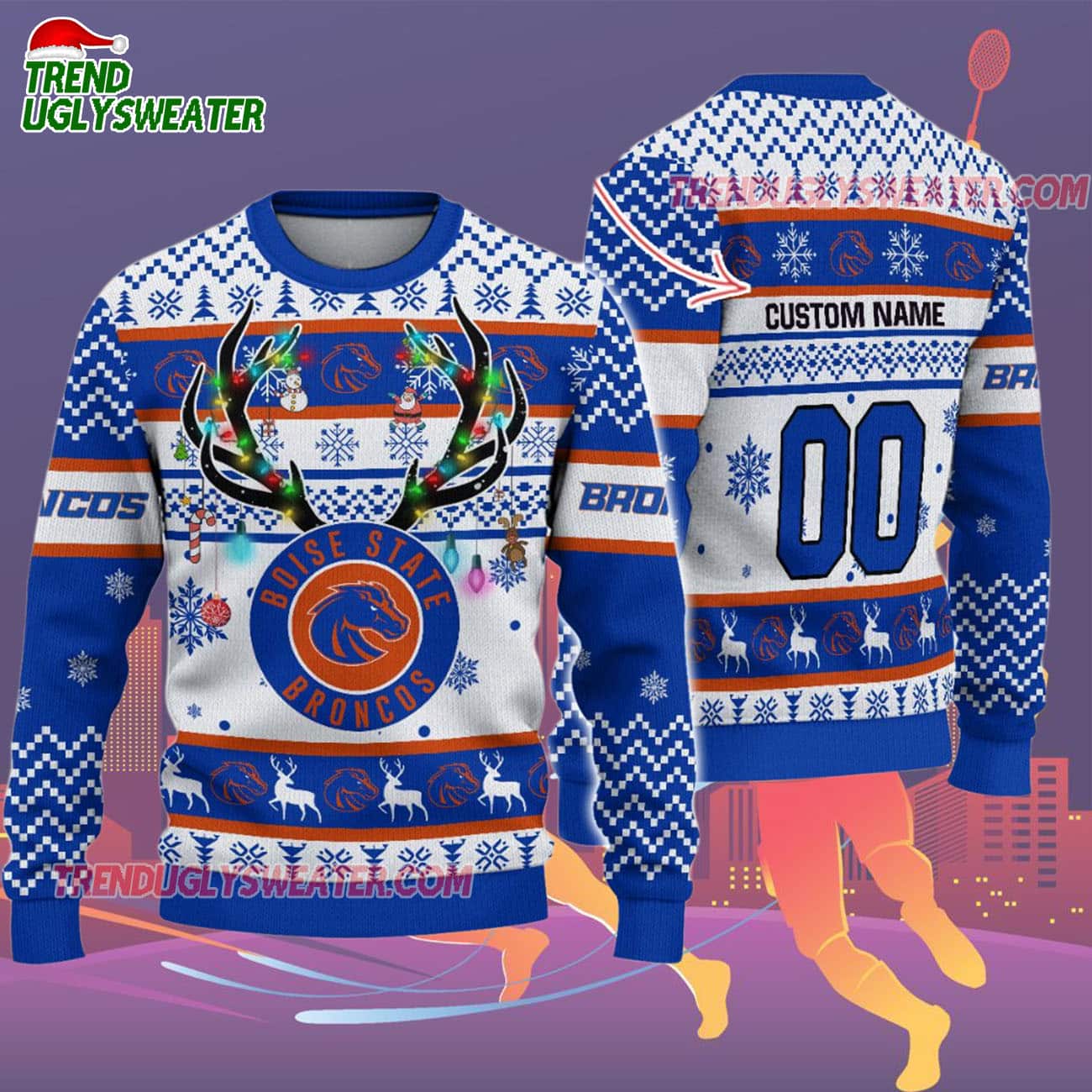 Custom Boise State Broncos Special Reindeer Light Ugly Christmas Sweater Custom Boise State Broncos Special Reindeer Light Ugly Christmas Sweater