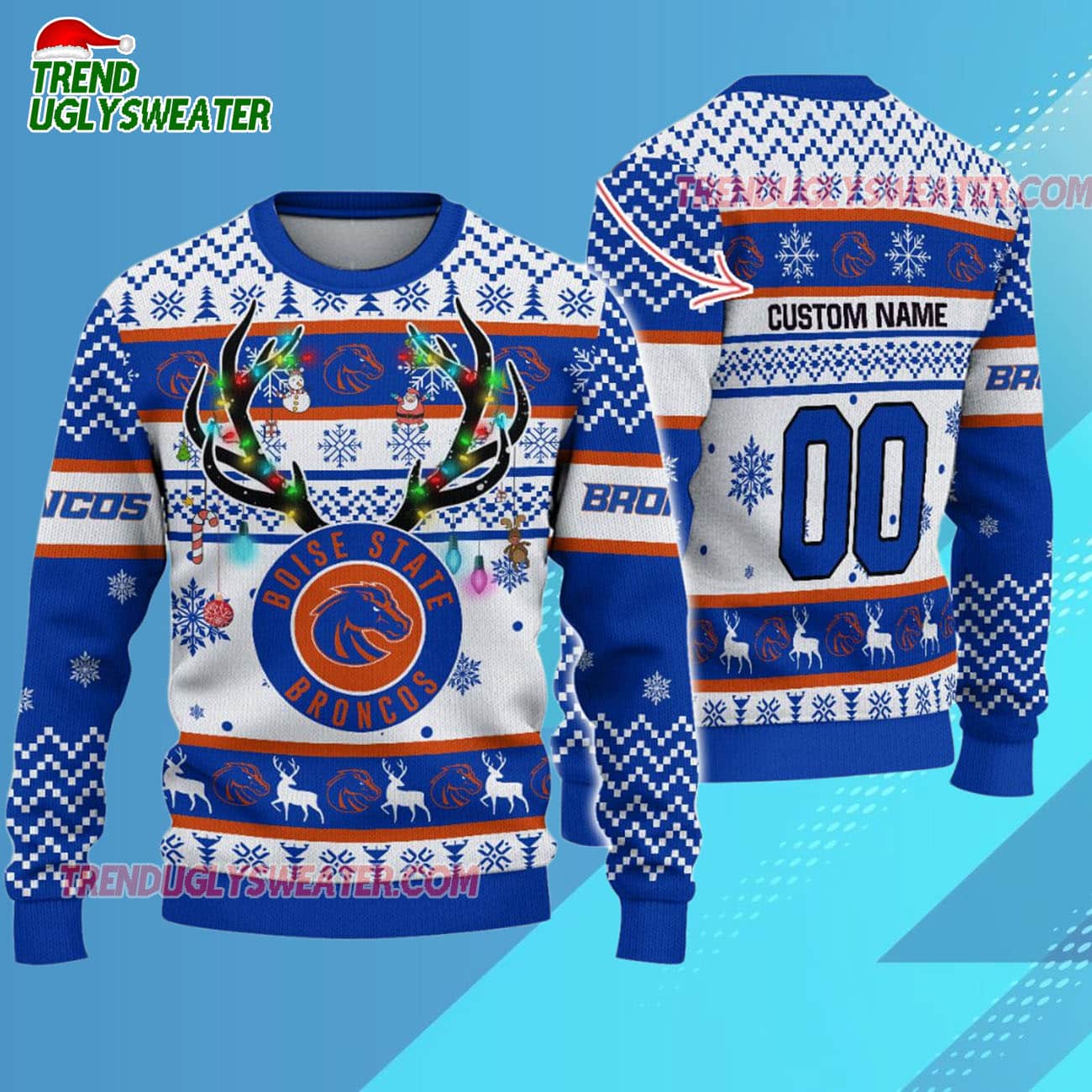 Custom Boise State Broncos Special Reindeer Light Ugly Christmas Sweater Custom Boise State Broncos Special Reindeer Light Ugly Christmas Sweater