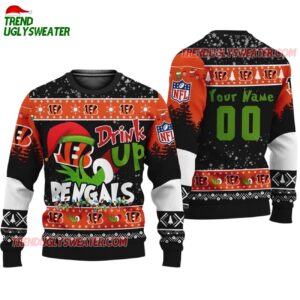 Custom Cincinnati Bengals Drink Up The Grinch Christmas Ugly Sweater 1