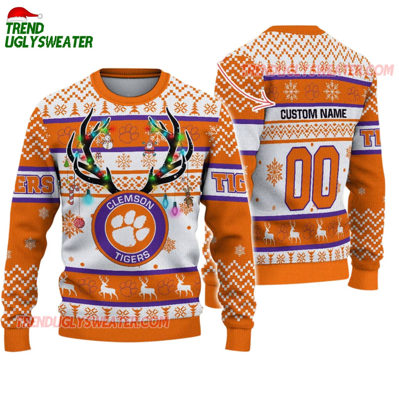 Custom Clemson Tigers Special Reindeer Light Ugly Christmas Sweater Custom Clemson Tigers Special Reindeer Light Ugly Christmas Sweater