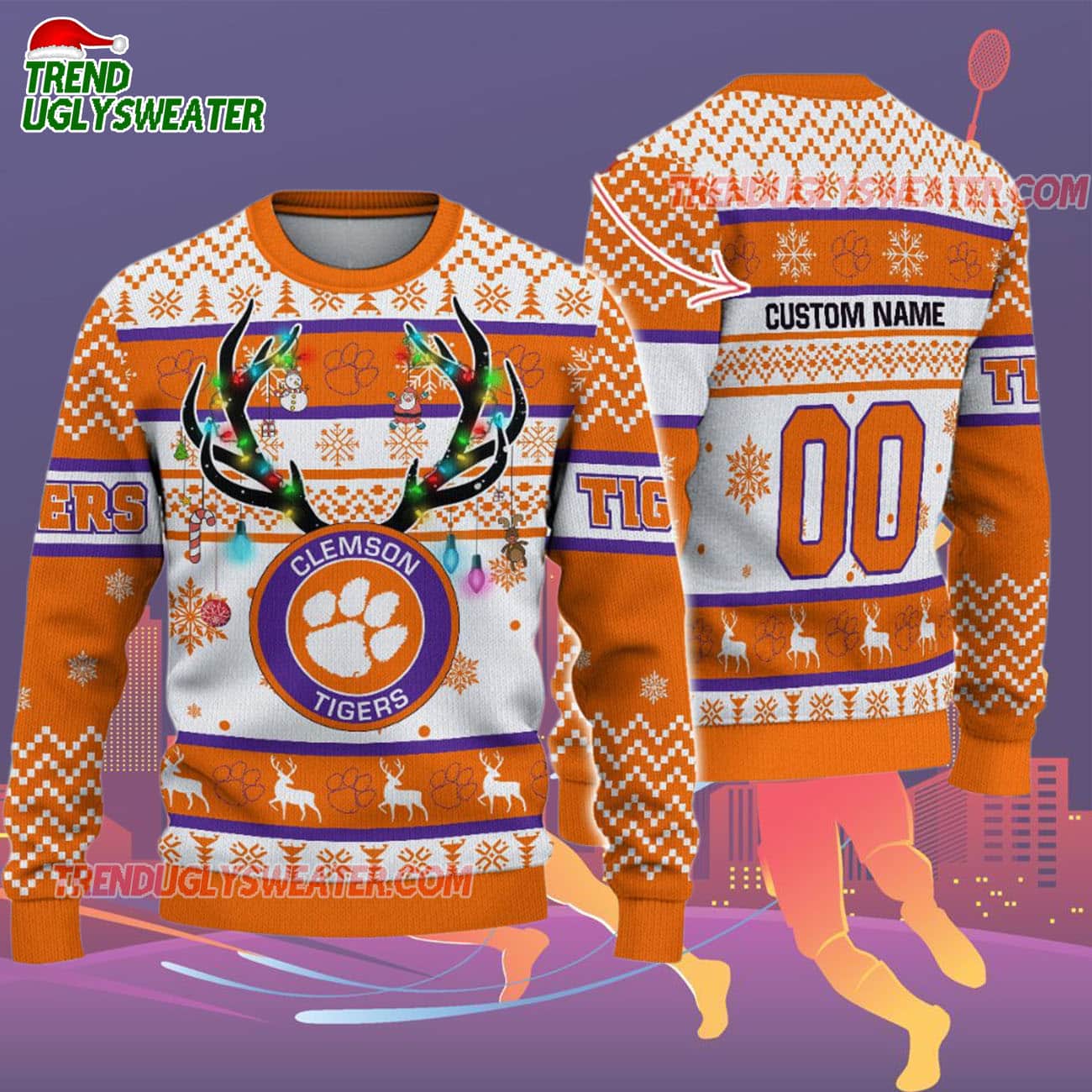 Custom Clemson Tigers Special Reindeer Light Ugly Christmas Sweater Custom Clemson Tigers Special Reindeer Light Ugly Christmas Sweater