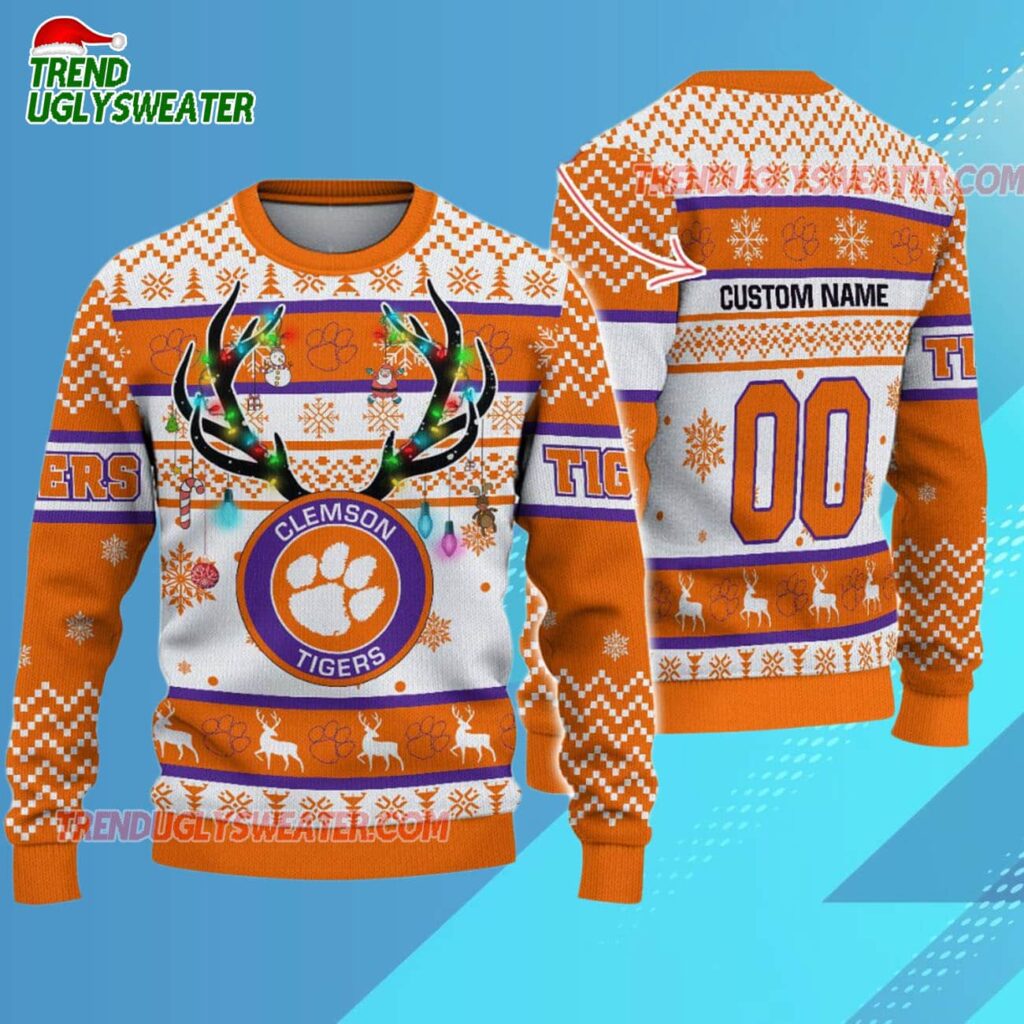Custom Clemson Tigers Special Reindeer Light Ugly Christmas Sweater 3
