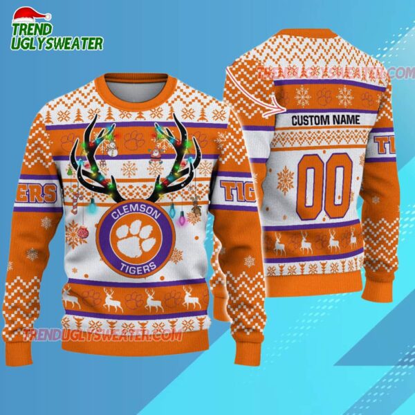 Custom Clemson Tigers Special Reindeer Light Ugly Christmas Sweater 3