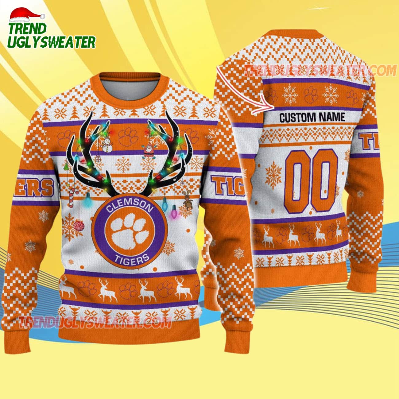 Custom Clemson Tigers Special Reindeer Light Ugly Christmas Sweater Custom Clemson Tigers Special Reindeer Light Ugly Christmas Sweater
