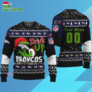 Custom Denver Broncos Drink Up The Grinch Christmas Ugly Sweater 3