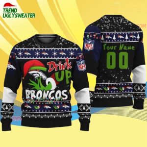 Custom Denver Broncos Drink Up The Grinch Christmas Ugly Sweater 4