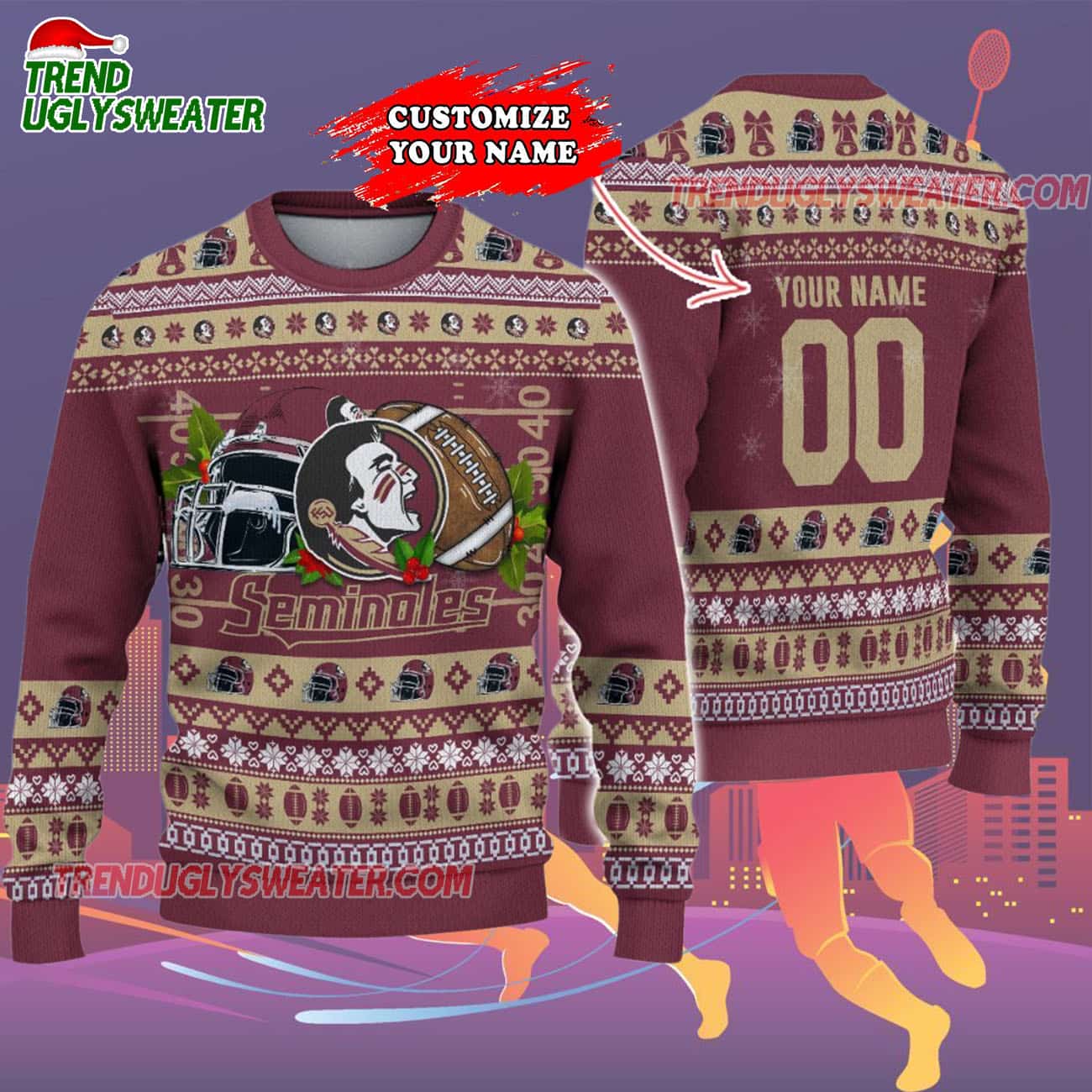 Custom Florida State Seminoles Logo Team Football Christmas Ugly Sweater Custom Florida State Seminoles Logo Team Football Christmas Ugly Sweater
