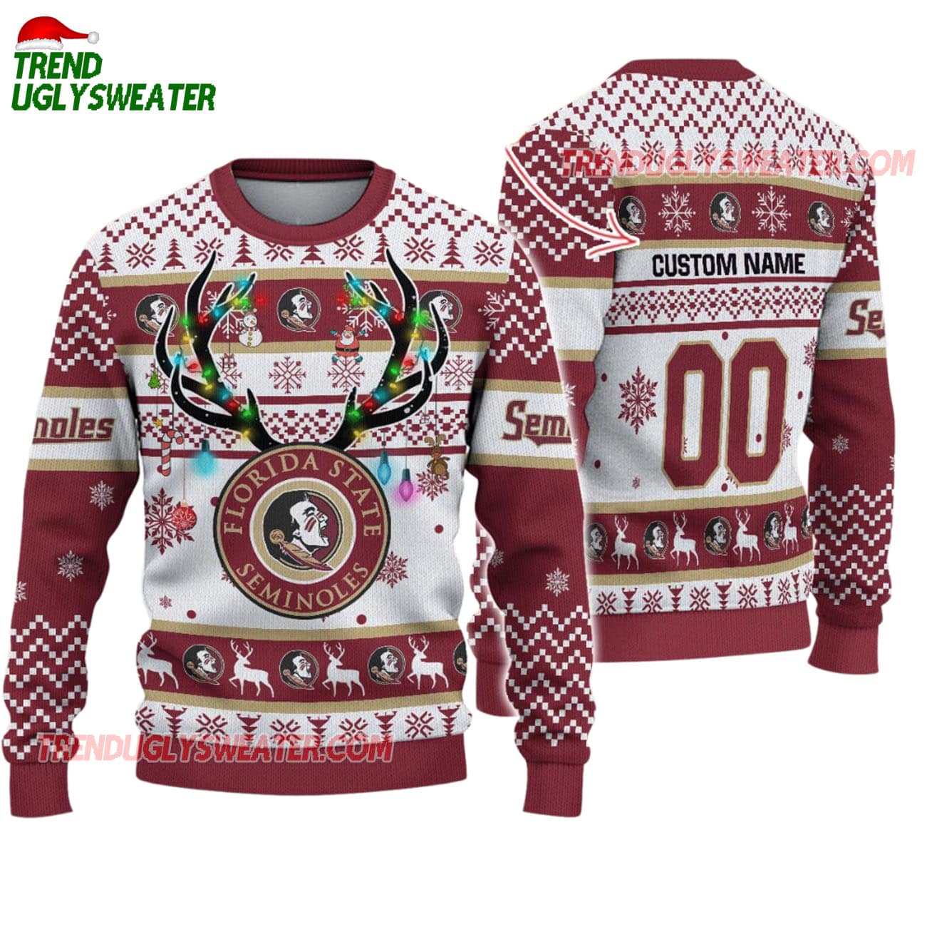 Custom Florida State Seminoles Special Reindeer Light Ugly Christmas Sweater Custom Florida State Seminoles Special Reindeer Light Ugly Christmas Sweater