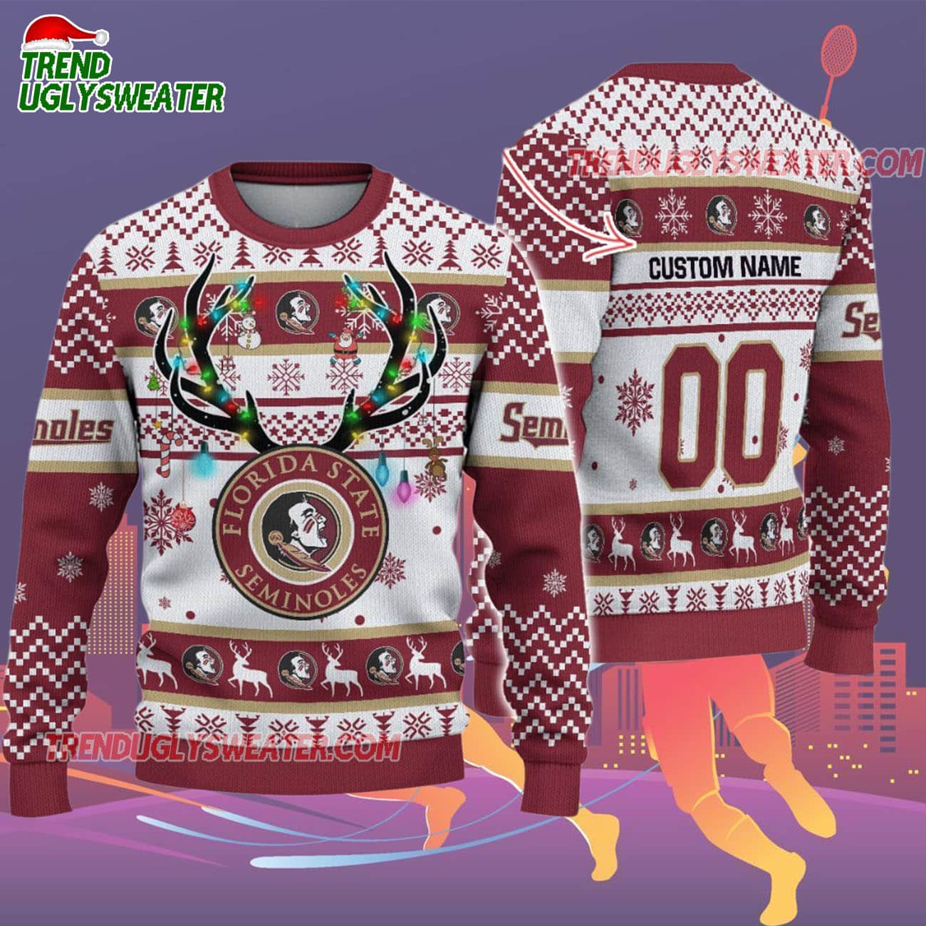Custom Florida State Seminoles Special Reindeer Light Ugly Christmas Sweater Custom Florida State Seminoles Special Reindeer Light Ugly Christmas Sweater
