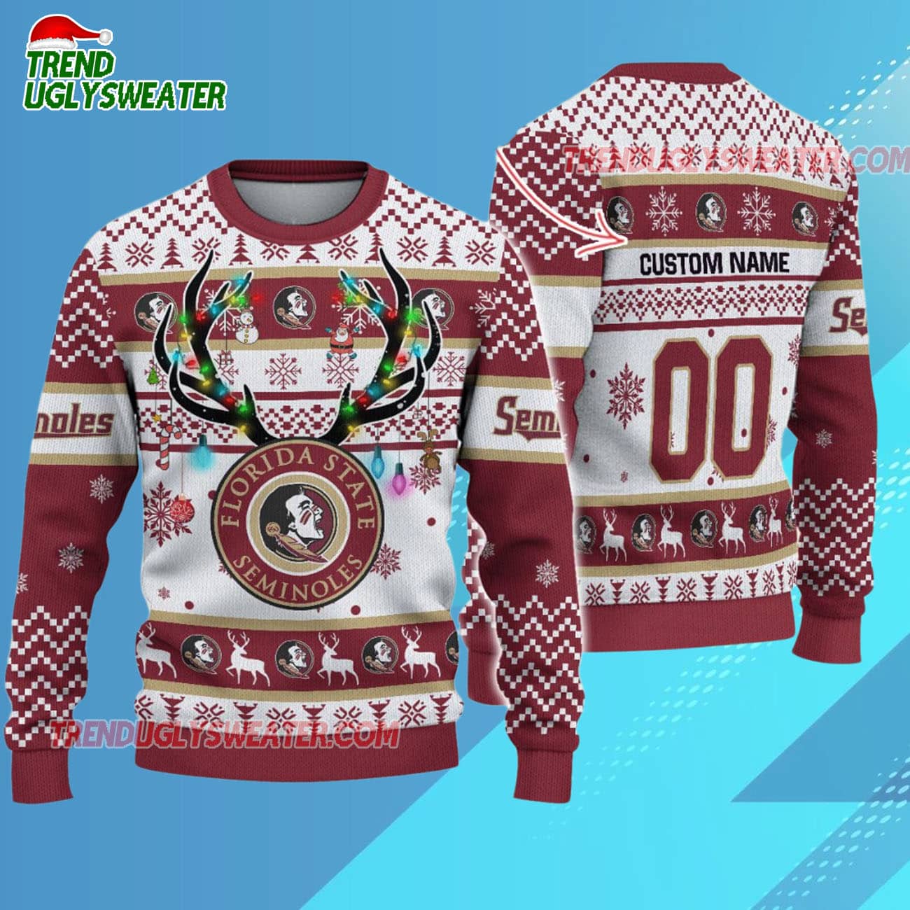 Custom Florida State Seminoles Special Reindeer Light Ugly Christmas Sweater Custom Florida State Seminoles Special Reindeer Light Ugly Christmas Sweater