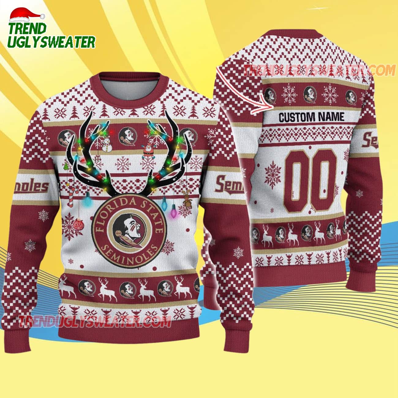 Custom Florida State Seminoles Special Reindeer Light Ugly Christmas Sweater Custom Florida State Seminoles Special Reindeer Light Ugly Christmas Sweater