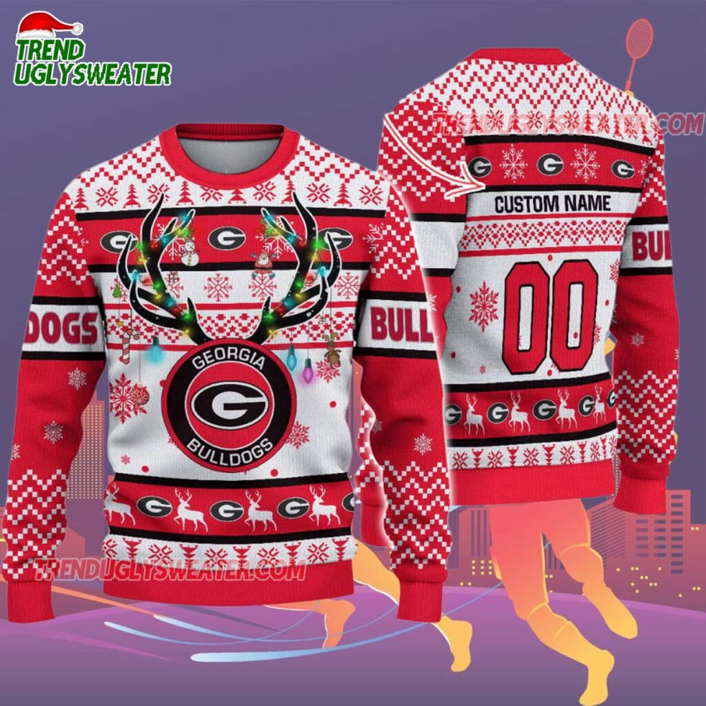 Custom Georgia Bulldogs Special Reindeer Light Ugly Christmas Sweater 2