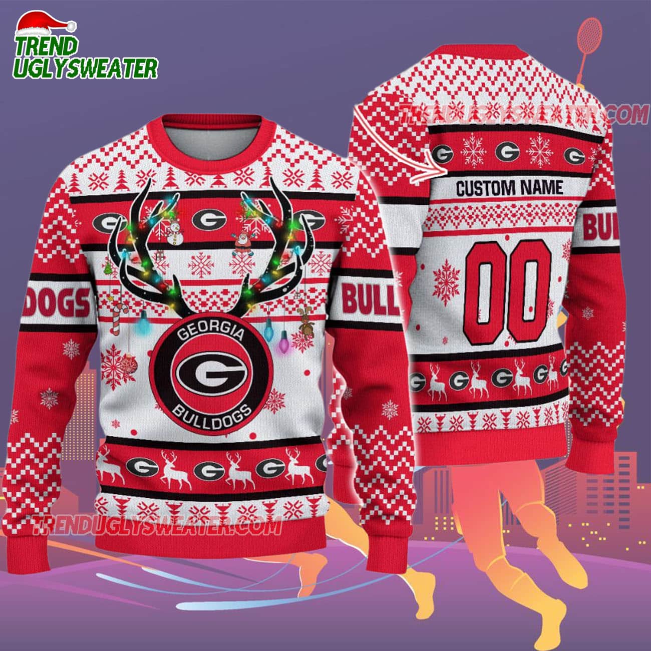 Custom Georgia Bulldogs Special Reindeer Light Ugly Christmas Sweater Custom Georgia Bulldogs Special Reindeer Light Ugly Christmas Sweater
