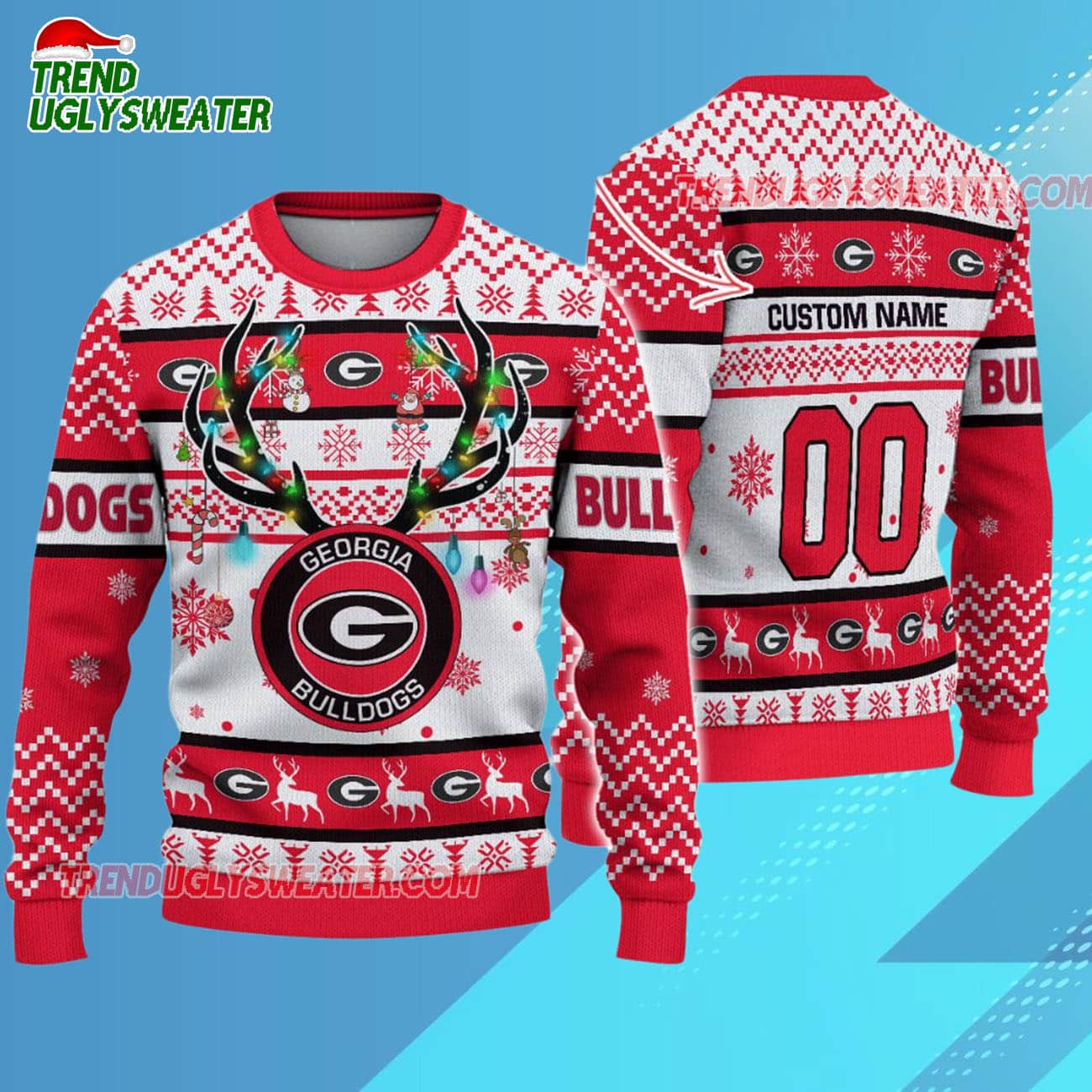 Custom Georgia Bulldogs Special Reindeer Light Ugly Christmas Sweater Custom Georgia Bulldogs Special Reindeer Light Ugly Christmas Sweater