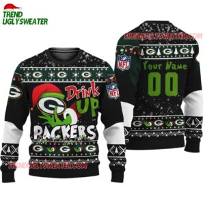 Custom Green Bay Packers Drink Up The Grinch Christmas Ugly Sweater 1
