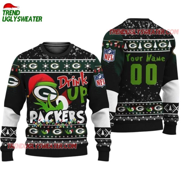 Custom Green Bay Packers Drink Up The Grinch Christmas Ugly Sweater 1