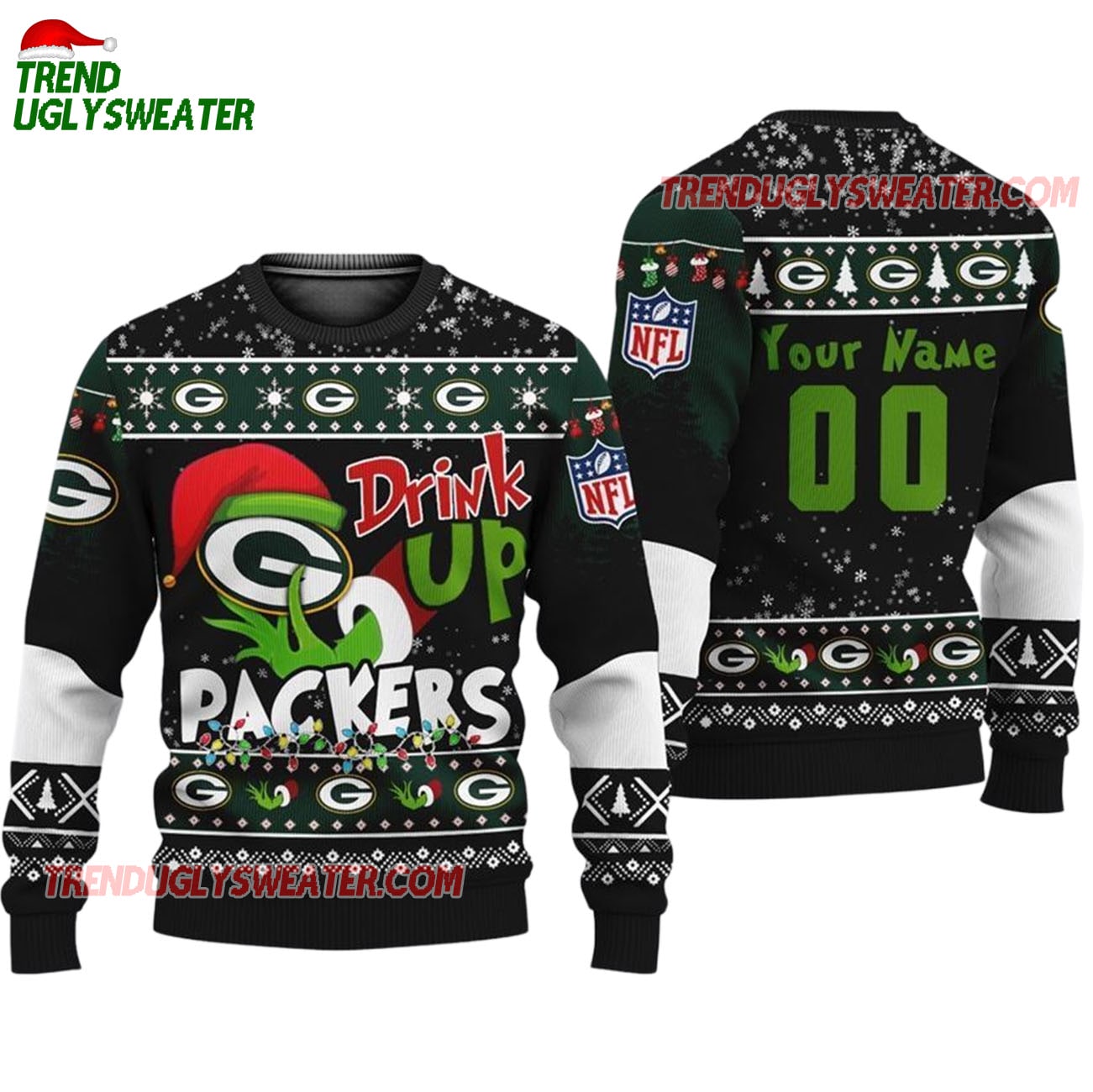 Custom Green Bay Packers Drink Up The Grinch Christmas Ugly Sweater Custom Green Bay Packers Drink Up The Grinch Christmas Ugly Sweater