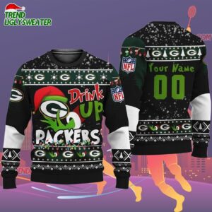 Custom Green Bay Packers Drink Up The Grinch Christmas Ugly Sweater 2
