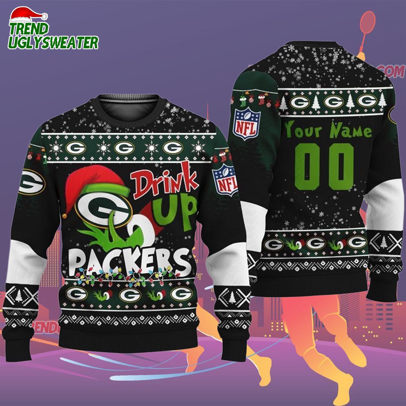 Custom Green Bay Packers Drink Up The Grinch Christmas Ugly Sweater Custom Green Bay Packers Drink Up The Grinch Christmas Ugly Sweater