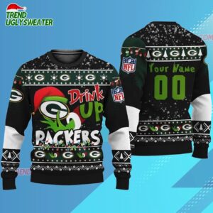 Custom Green Bay Packers Drink Up The Grinch Christmas Ugly Sweater 3