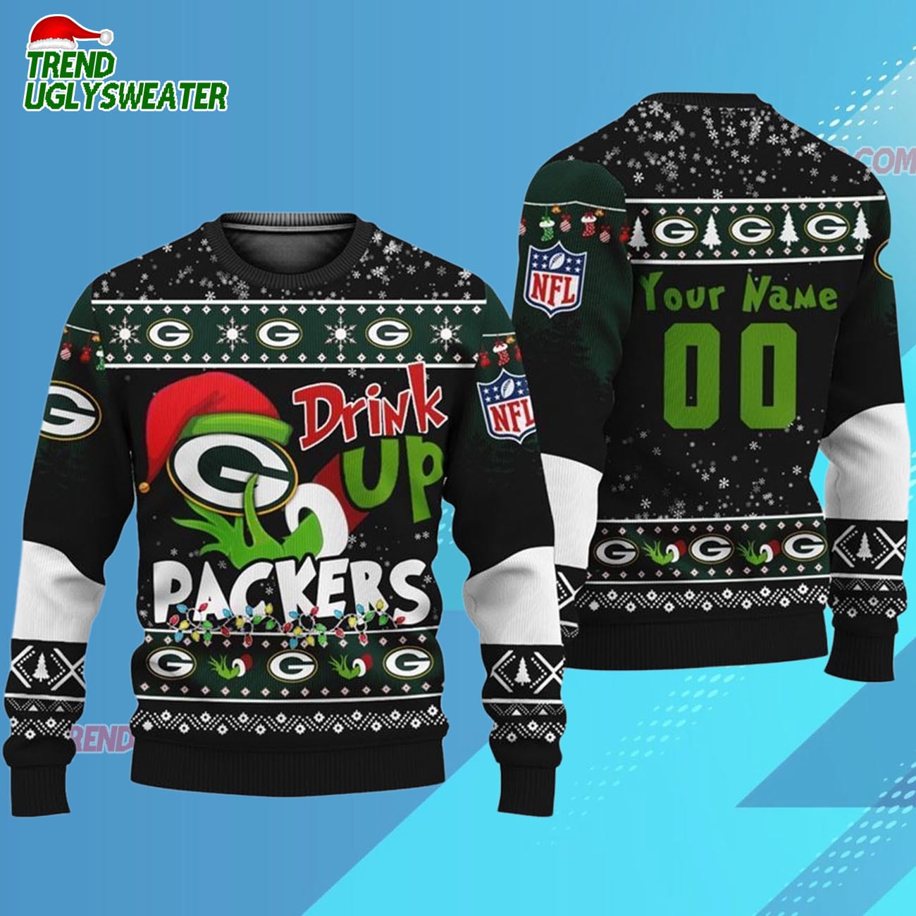 Custom Green Bay Packers Drink Up The Grinch Christmas Ugly Sweater Custom Green Bay Packers Drink Up The Grinch Christmas Ugly Sweater