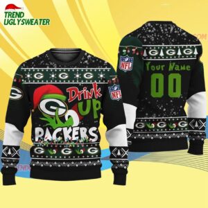 Custom Green Bay Packers Drink Up The Grinch Christmas Ugly Sweater 4