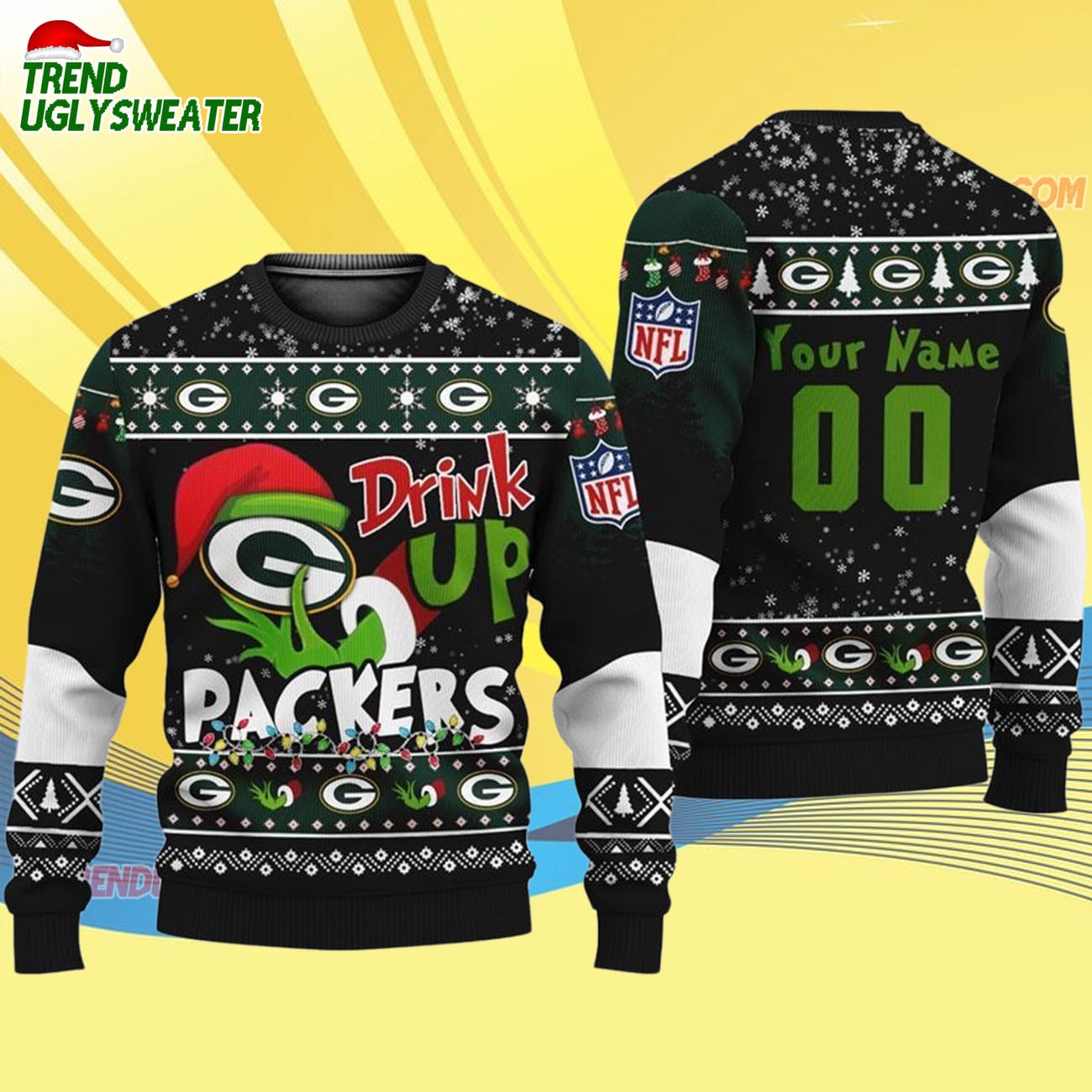 Custom Green Bay Packers Drink Up The Grinch Christmas Ugly Sweater Custom Green Bay Packers Drink Up The Grinch Christmas Ugly Sweater
