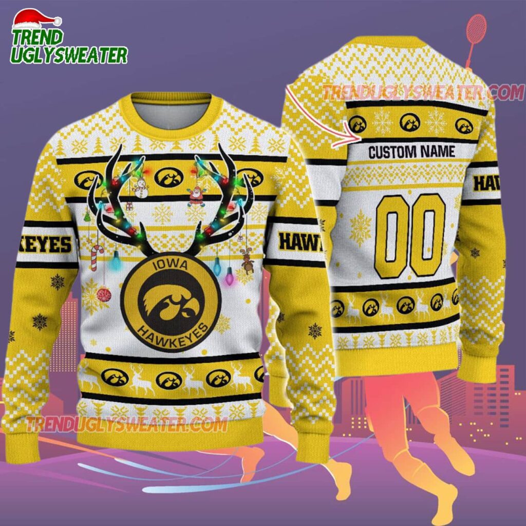 Custom Iowa Hawkeyes Special Reindeer Light Ugly Christmas Sweater 2