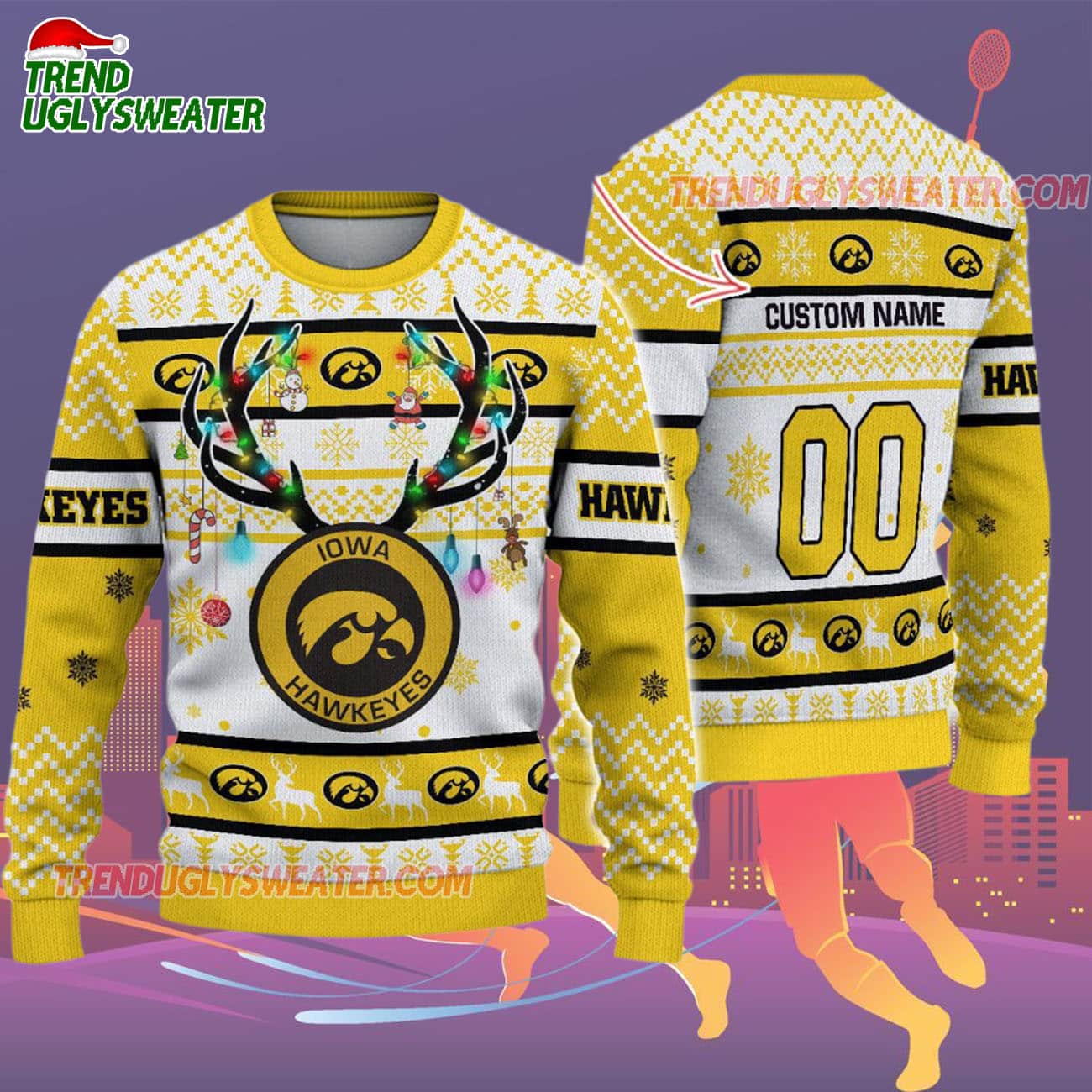 Custom Iowa Hawkeyes Special Reindeer Light Ugly Christmas Sweater Custom Iowa Hawkeyes Special Reindeer Light Ugly Christmas Sweater