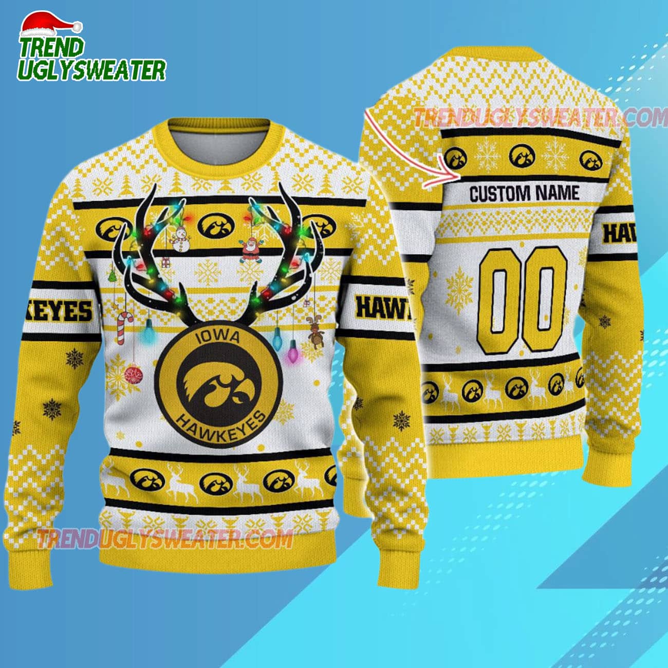 Custom Iowa Hawkeyes Special Reindeer Light Ugly Christmas Sweater Custom Iowa Hawkeyes Special Reindeer Light Ugly Christmas Sweater