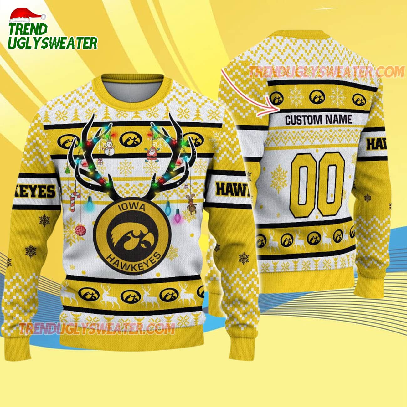 Custom Iowa Hawkeyes Special Reindeer Light Ugly Christmas Sweater Custom Iowa Hawkeyes Special Reindeer Light Ugly Christmas Sweater