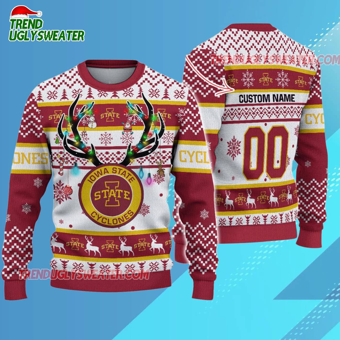 Custom Iowa State Cyclones Special Reindeer Light Ugly Christmas Sweater Custom Iowa State Cyclones Special Reindeer Light Ugly Christmas Sweater