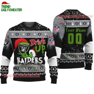 Custom Las Vegas Raiders Drink Up The Grinch Christmas Ugly Sweater 1