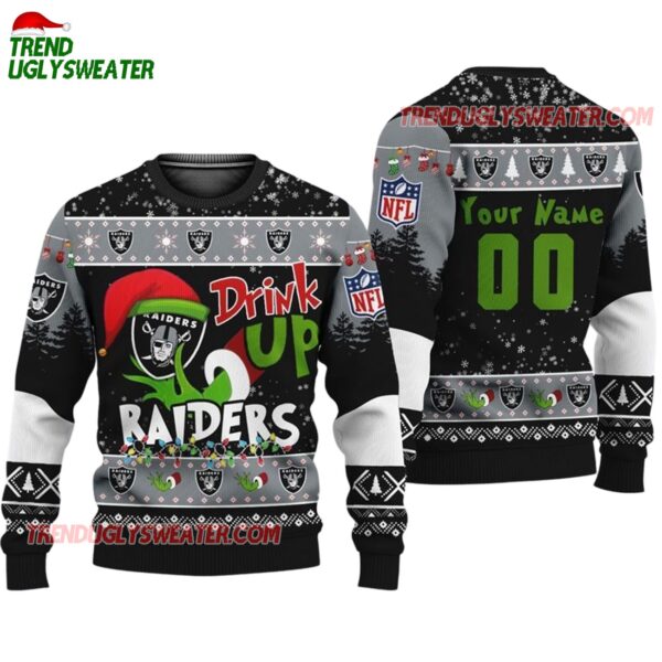 Custom Las Vegas Raiders Drink Up The Grinch Christmas Ugly Sweater 1