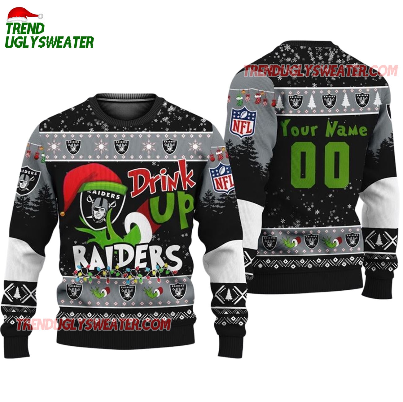 Custom Las Vegas Raiders Drink Up The Grinch Christmas Ugly Sweater Custom Las Vegas Raiders Drink Up The Grinch Christmas Ugly Sweater