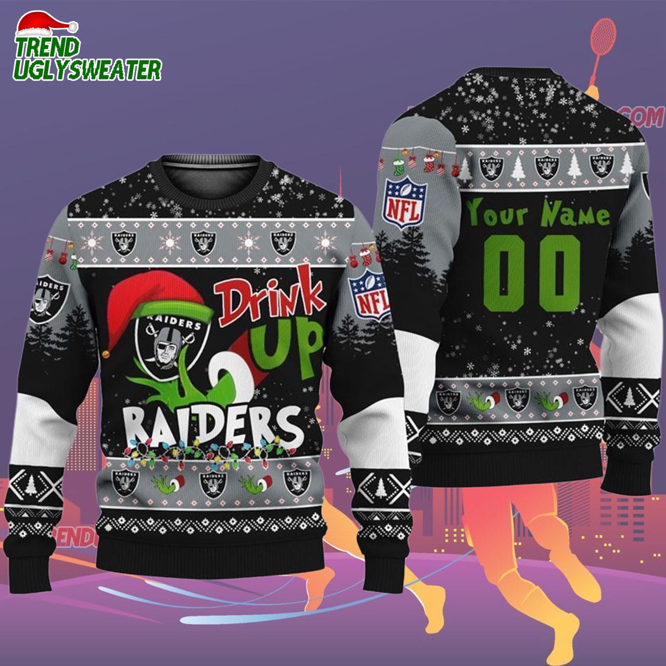 Custom Las Vegas Raiders Drink Up The Grinch Christmas Ugly Sweater Custom Las Vegas Raiders Drink Up The Grinch Christmas Ugly Sweater