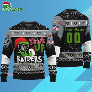 Custom Las Vegas Raiders Drink Up The Grinch Christmas Ugly Sweater 3