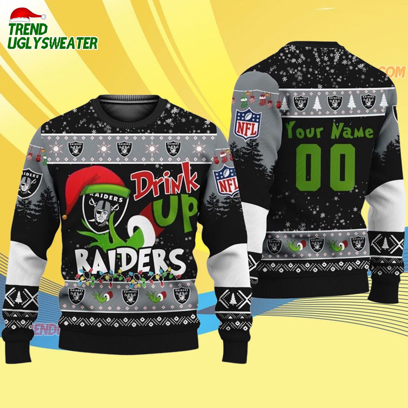 Custom Las Vegas Raiders Drink Up The Grinch Christmas Ugly Sweater Custom Las Vegas Raiders Drink Up The Grinch Christmas Ugly Sweater