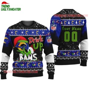 Custom Los Angeles Rams Drink Up The Grinch Christmas Ugly Sweater 1