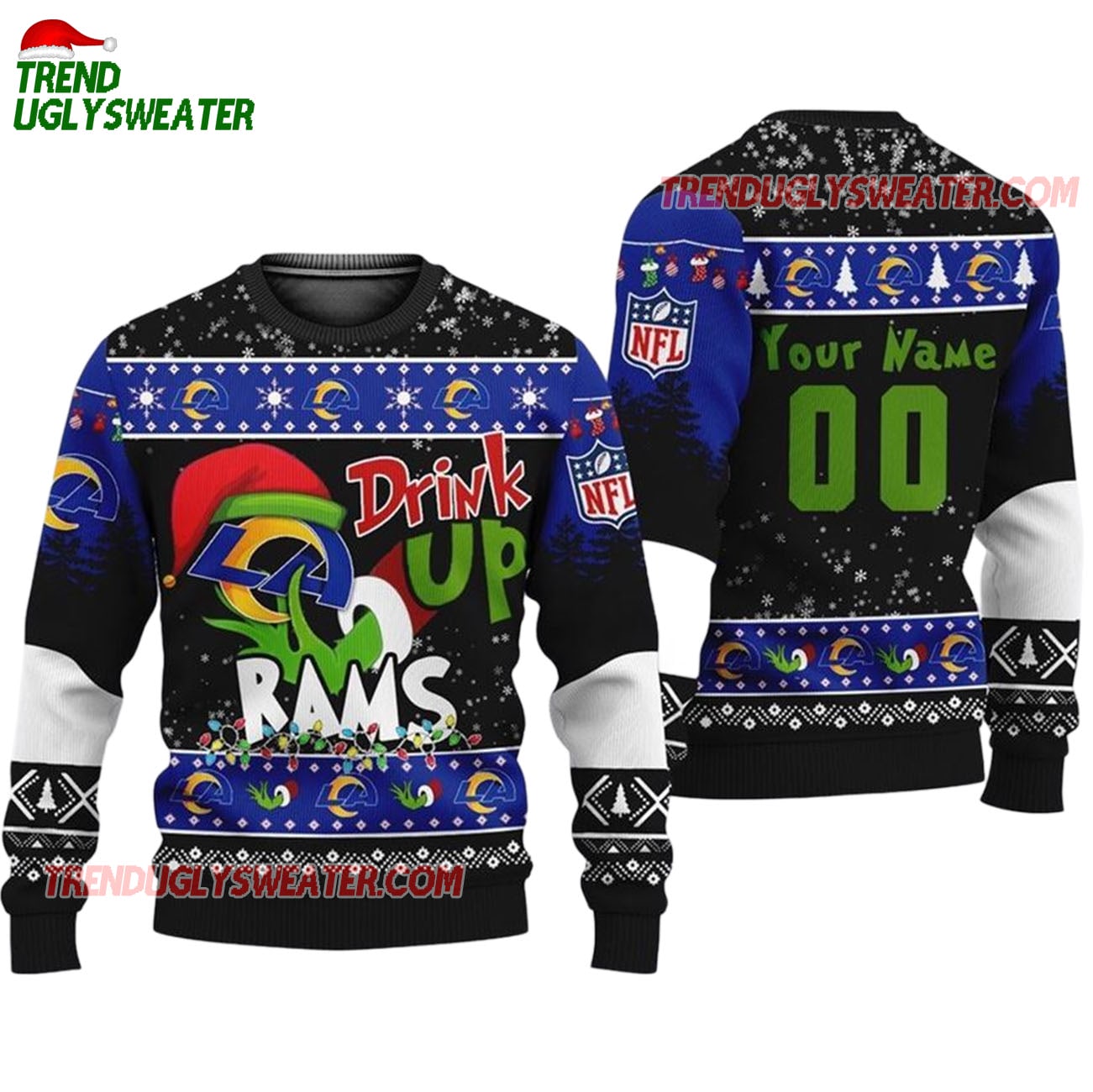 Custom Los Angeles Rams Drink Up The Grinch Christmas Ugly Sweater Custom Los Angeles Rams Drink Up The Grinch Christmas Ugly Sweater