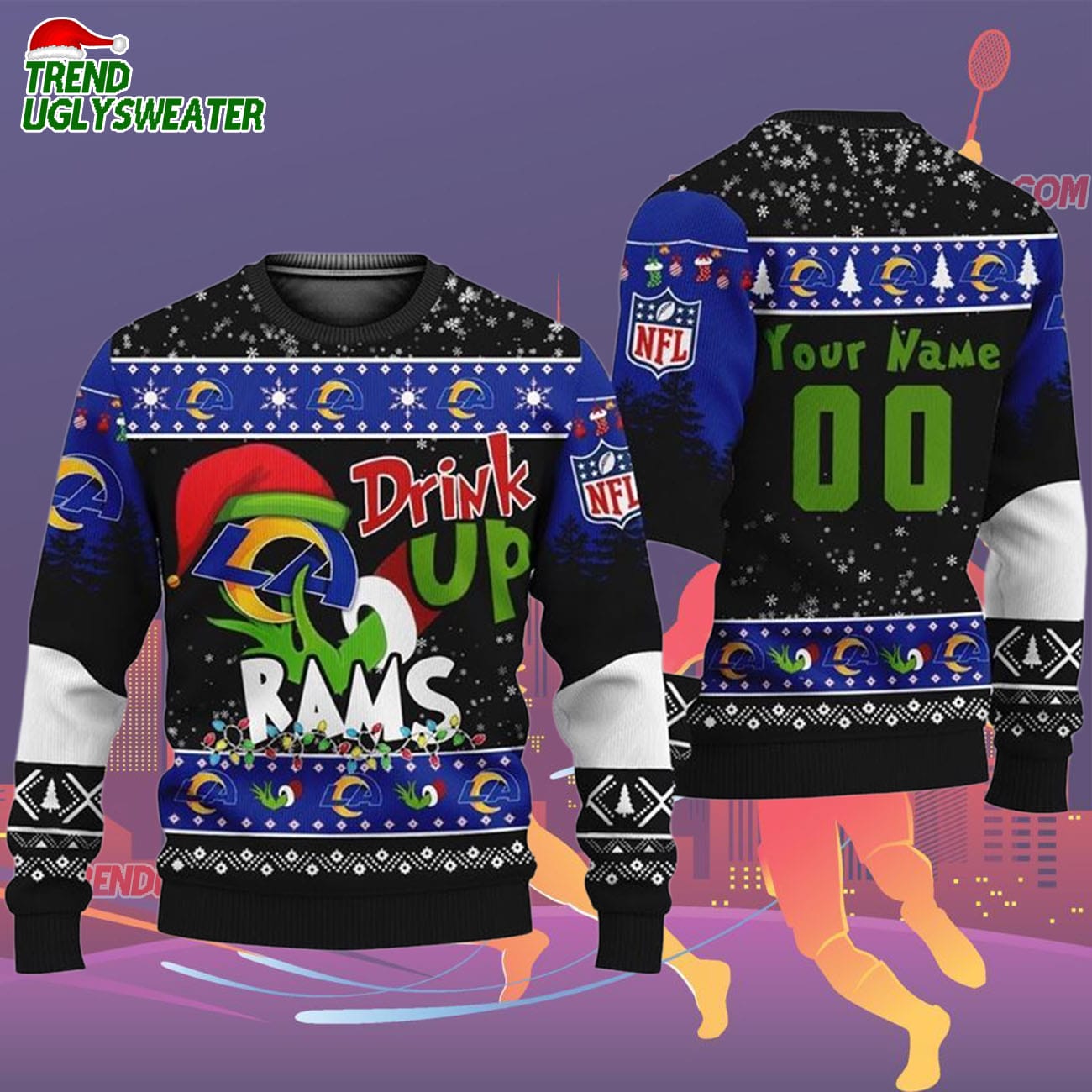Custom Los Angeles Rams Drink Up The Grinch Christmas Ugly Sweater Custom Los Angeles Rams Drink Up The Grinch Christmas Ugly Sweater