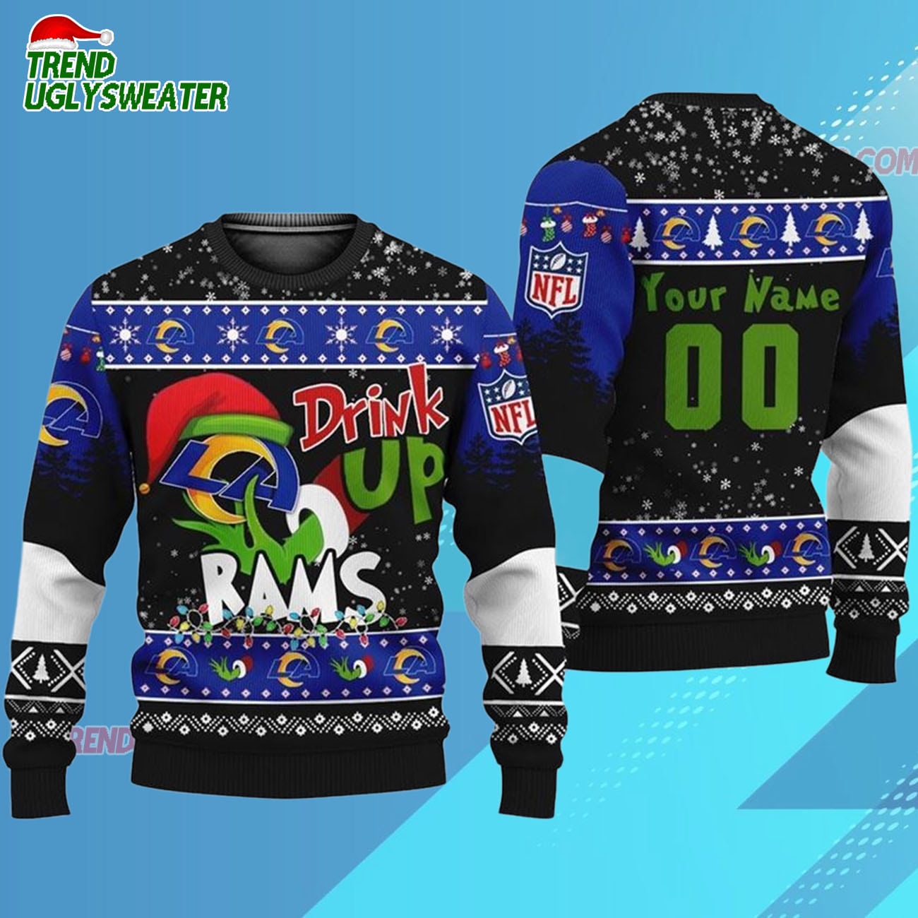 Custom Los Angeles Rams Drink Up The Grinch Christmas Ugly Sweater Custom Los Angeles Rams Drink Up The Grinch Christmas Ugly Sweater