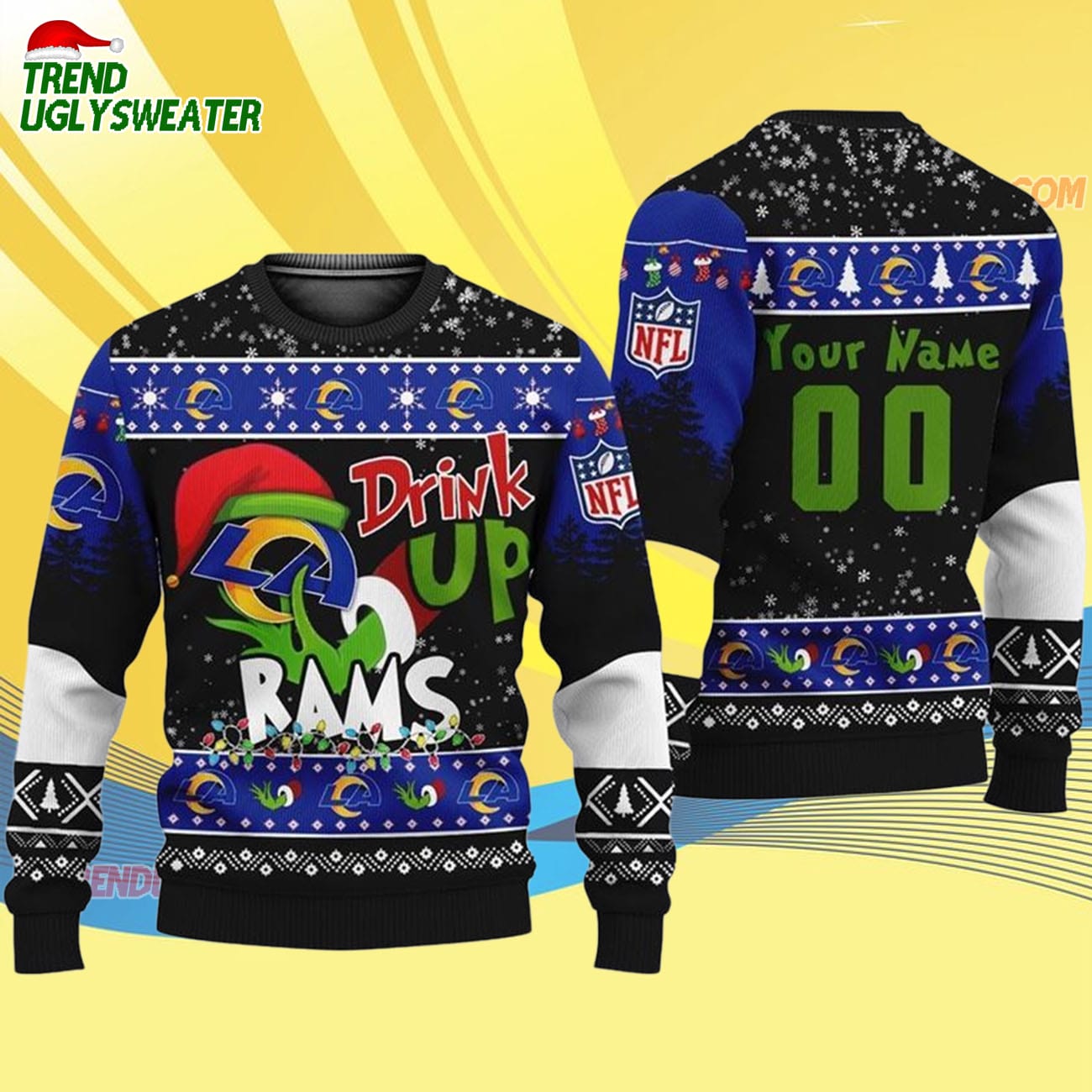 Custom Los Angeles Rams Drink Up The Grinch Christmas Ugly Sweater Custom Los Angeles Rams Drink Up The Grinch Christmas Ugly Sweater