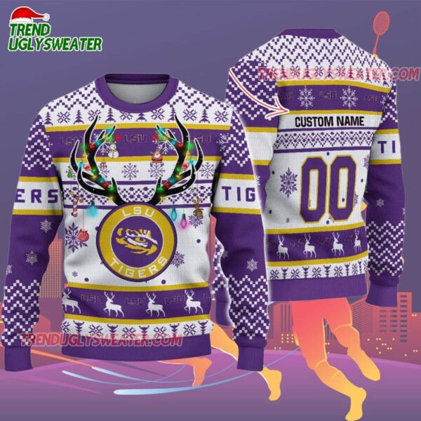 Custom Lsu Tigers Special Reindeer Light Ugly Christmas Sweater 2